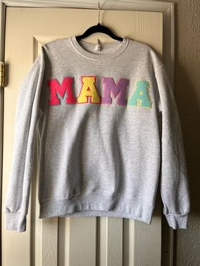 Jerzees Gray Crewneck Sweatshirt with Multicolor Chenille "MAMA" Letters